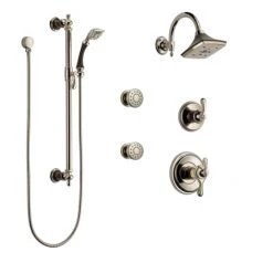 Brizo Thermostatic Shower System with Rain Shower Head, Hand Shower with Slide Bar, 6 Function Diverter, and 2 Body Sprays from the Charlotte Collection