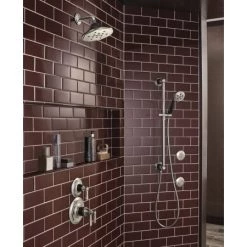 Brizo Rook 1.75 GPM Multi Function Hand Shower Package - Includes Slide Bar, Hose, and Wall Supply -Brizo Sales brizo 88761 installed shower system view in luxe nickel matte black 46