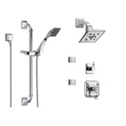 Brizo Thermostatic Shower System with Rain Shower Head, Hand Shower with Slide Bar, 6 Function Diverter, and 2 Body Sprays from the Virage Collection