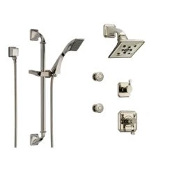 Brizo Thermostatic Shower System with Rain Shower Head, Hand Shower with Slide Bar, 6 Function Diverter, and 2 Body Sprays from the Virage Collection